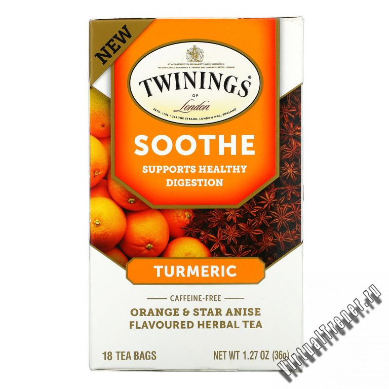 Twinings, Успокаивающий травяной чай, куркума, апельсин и анис звездчатый, без кофеина, 18 пакетиков по 1,27 унц. (36 г)