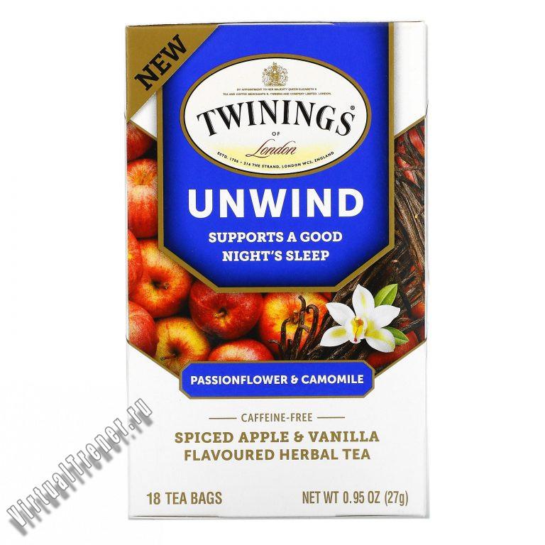 Twinings, Успокаивающий травяной чай, страстоцвет и ромашка, пряное яблоко и ваниль, без кофеина, 18 пакетиков по 0,95 унц. (27 г)