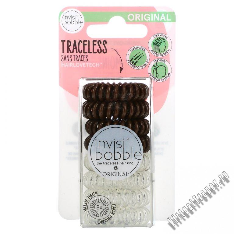 Invisibobble, Original, Traceless Hair Ring, Crystal Clear/ Pretzel Brown, 8 Pack