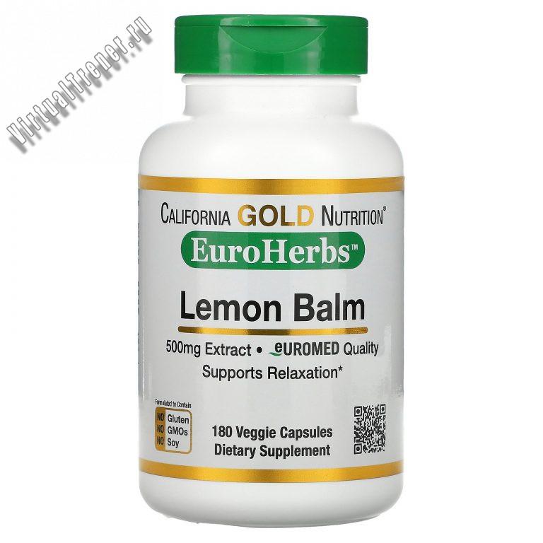 California Gold Nutrition, EuroHerbs, экстракт мелиссы лекарственной, европейское качество, 500 мг, 180 вегетарианских капсул