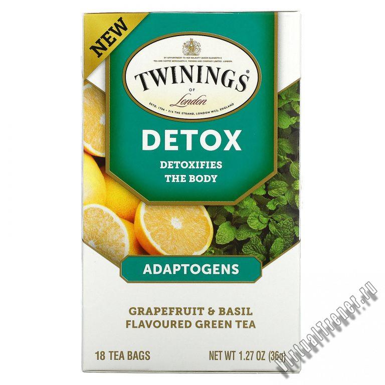 Twinings, Detox, Adaptogens, Grapefruit & Basil Flavored Green Tea, 18 Tea Bags, 1.27 oz (36 g)