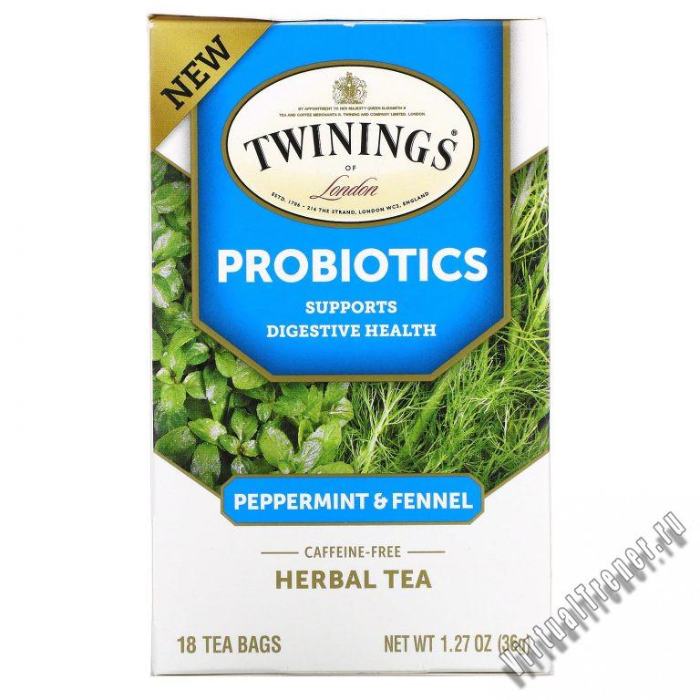 Twinings, Probiotics Herbal Tea, Peppermint & Fennel, Caffeine-Free, 18 Tea Bags, 1.27 oz (36 g)