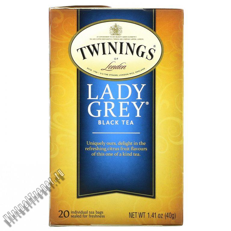 Twinings, черный чай Lady Grey, 20 чайных пакетиков, 40 г (1,41 унции)