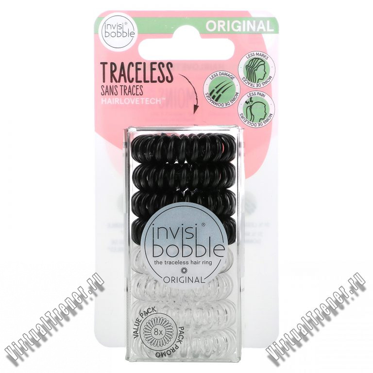 Invisibobble, Original, Traceless Hair Ring, Crystal Clear/True Black, 8 Pack