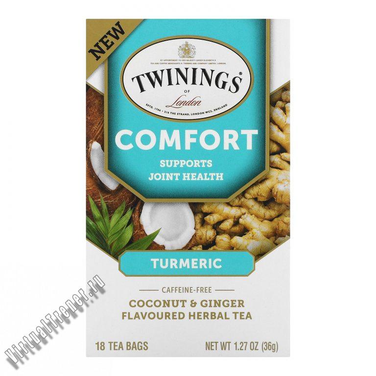 Twinings, Comfort Herbal Tea, Turmeric, Coconut & Ginger, Caffeine Free, 18 Tea Bags, 1.27 oz (36 g)